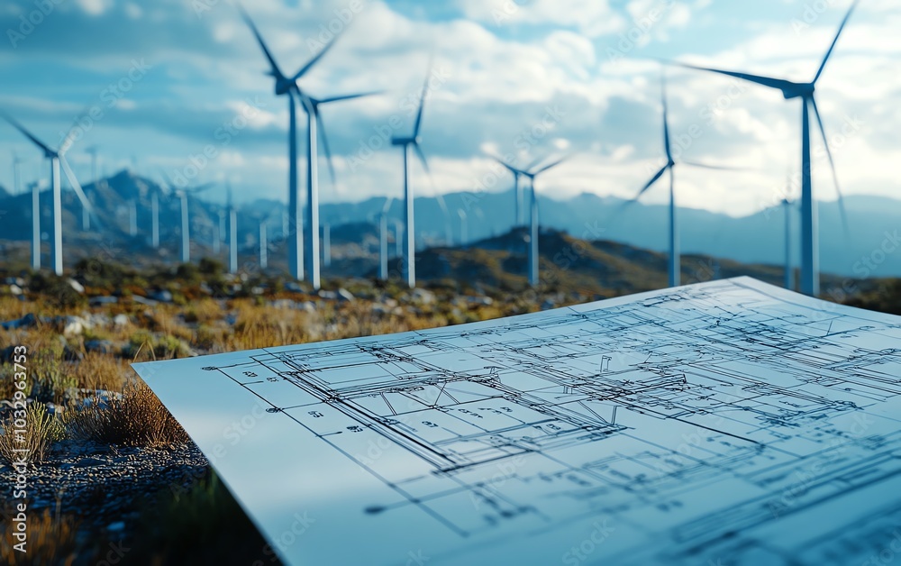 Poster closeup of a blueprint showing wind turbine specifications, set against a landscape dotted with wind