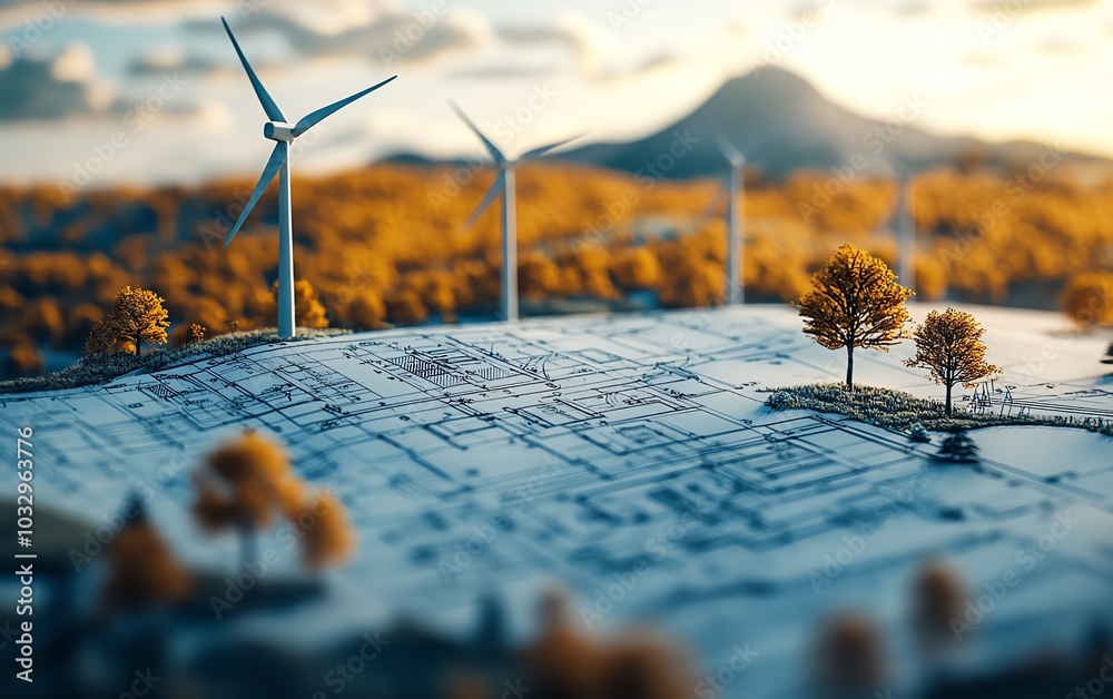 Poster closeup of a blueprint showing wind turbine specifications, set against a landscape dotted with wind
