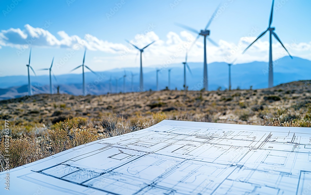 Poster closeup of a blueprint showing wind turbine specifications, set against a landscape dotted with wind