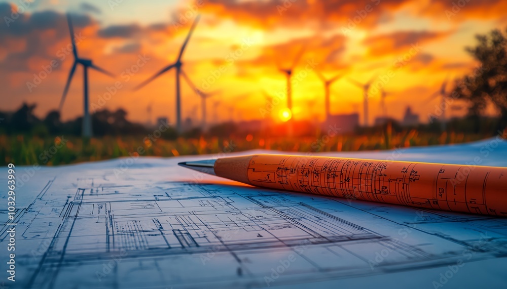 Aufkleber Creative blueprint planning session for wind energy projects, with technical drawings and wind turbines visible in the background against a vibrant sunset