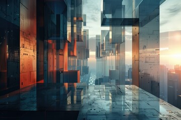 triangular structures and sleek cement like materials of this design are highlighted by vibrant lighting, blending contemporary geometry with cutting edge building techniques.