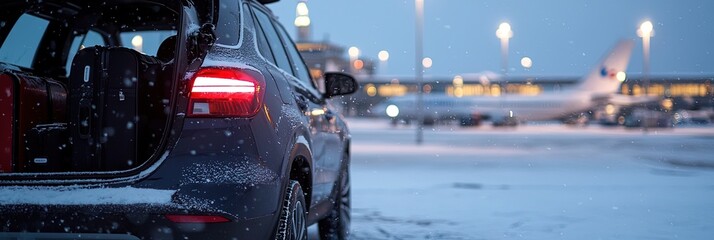 Fototapeta premium car parked in front of airport gate, luggage and suitcases in trunk, trunk open
