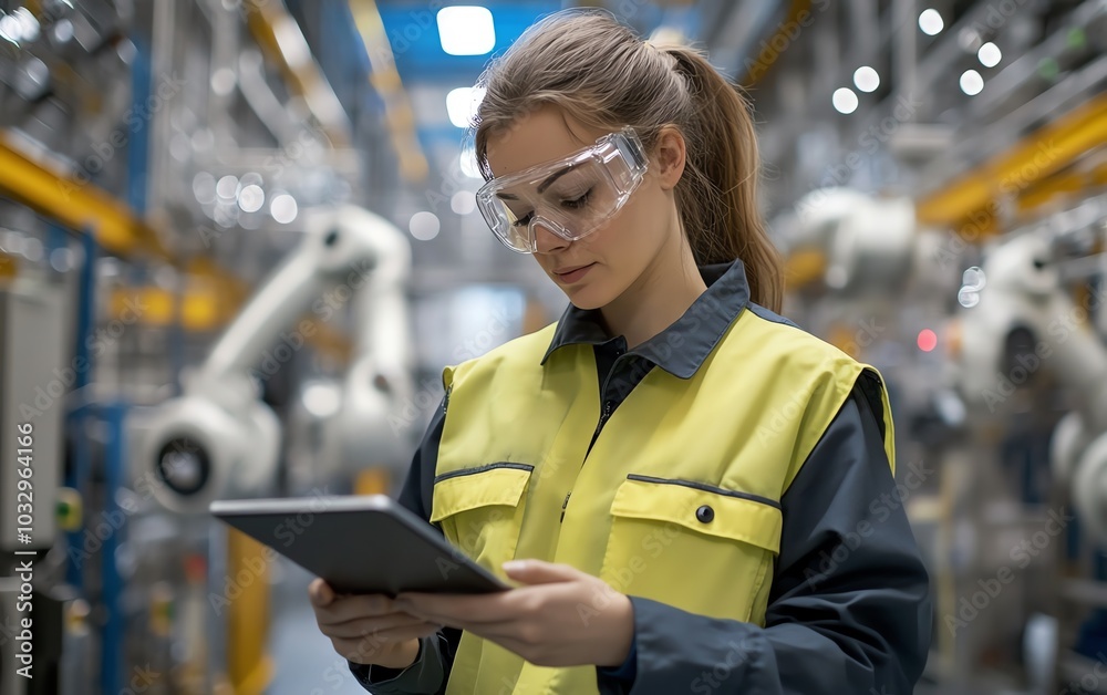 Aufkleber female factory worker in protective gear, using a tablet to monitor robotic arms and automated syste