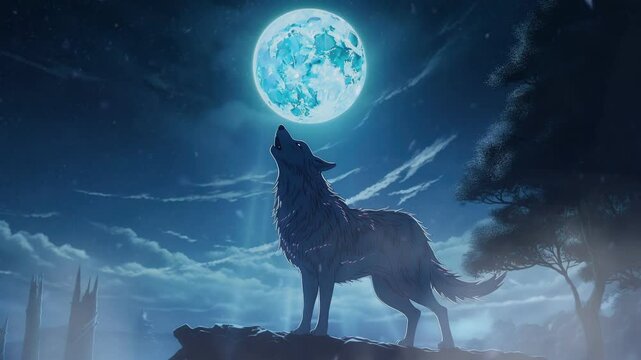 Howling wolf silhouette against the full moon in the dark forest