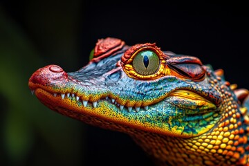 Obraz premium Mystic portrait of Saltwater Crocodile, copy space on right side, Close-up View, isolated on black background