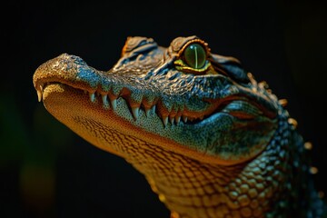 Obraz premium Mystic portrait of Saltwater Crocodile, copy space on right side, Close-up View, isolated on black background