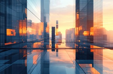 Obraz na płótnie Canvas This abstract view of a city skyline, featuring sleek glass high rises illuminated by sky colors, evokes a sense of modernity and urban progress