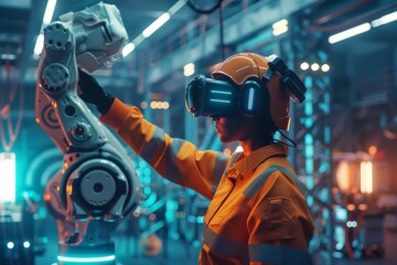 Engineer smart factory automated machine AR augmented reality technology futuristic industry technology 3D robot and robot arm control future industrial concept