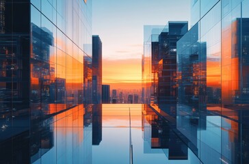 Fototapeta na wymiar This abstract view of a city skyline, featuring sleek glass high rises illuminated by sky colors, evokes a sense of modernity and urban progress
