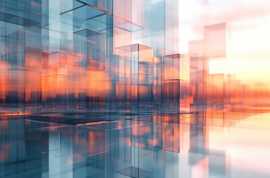 This abstract view of a city skyline, featuring sleek glass high rises illuminated by sky colors, evokes a sense of modernity and urban progress