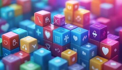 Vibrant stacked blocks symbolizing health and medicine, with icons for pharmaceuticals, wellness programs, and preventive care, in a futuristic 3D design