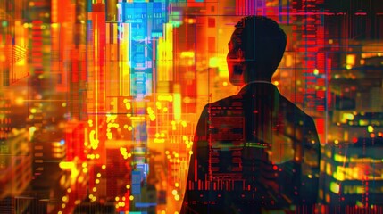 Abstract Urban Scene with Silhouette and Digital Elements