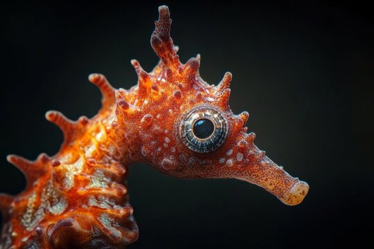 Mystic portrait of Spiny Seahorse, copy space on right side, Close-up View, isolated on black background