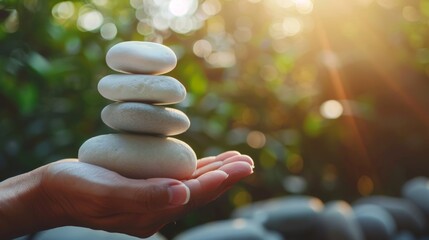 Obraz premium Enjoying Life Concept. Harmony and Positive Mind. Hand Setting White Natural Stone Stack to Balance. Balancing Body, Mind, Soul and Spirit. Mental Health Practice