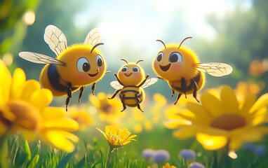 Adorable cartoon honey bee family, including a baby bee, all with cute expressions, flying together in a sunny outdoor setting