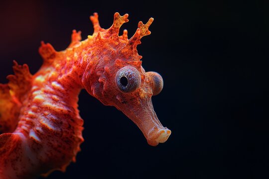 Mystic portrait of Whiteâ€™s Seahorse, copy space on right side, Close-up View, isolated on black background