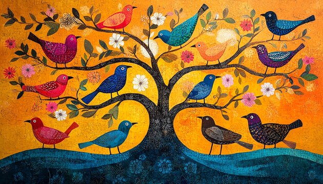 Brightly colored Gond folk art illustration of birds in a flourishing tree, highlighting the intricate detailing and cultural motifs against a textured background