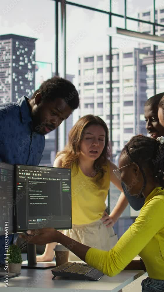 Poster vertical video it staff members arguing, having different ideas while testing and deploying programs