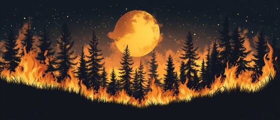 Black Glyph Symbol Depicting Forest Fire with Flames and Trees for Environmental Awareness and Conservation Efforts