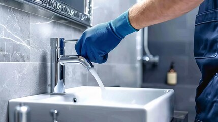 Bright Bathroom Renovation: Plumber Installing Faucet on Modern Sink with Reflective Mirror