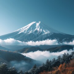 Generative AI of Mount Fuji for travel promotions, emphasizing the serene and majestic landscape of...