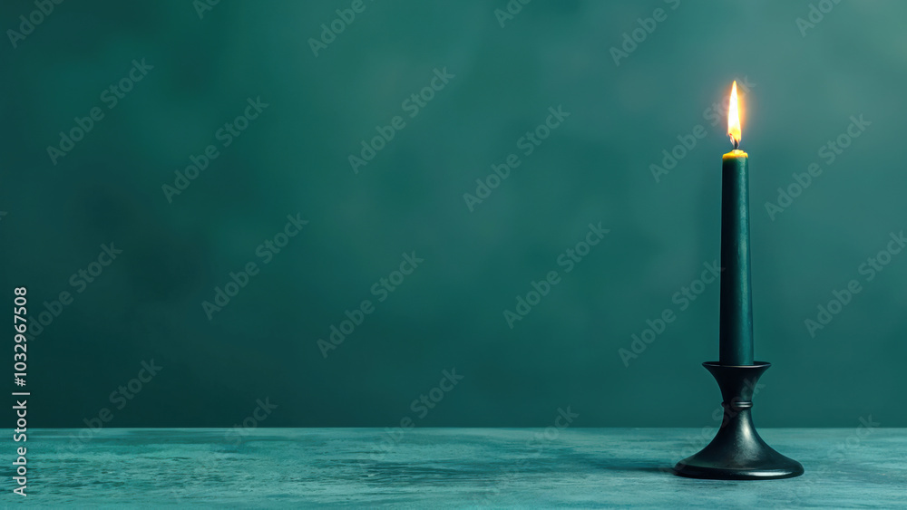 Poster single candle burning on empty table against green background