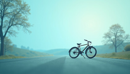 Obraz premium Bicycle Parked Under Tree on Foggy Morning in Countryside