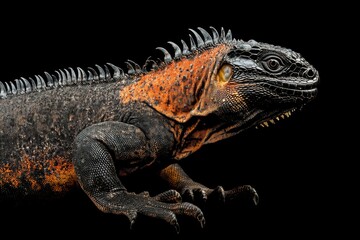Obraz premium the beside view Marine Iguana, left side view, white copy space on right, Isolated on dark Background