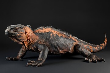 Obraz premium the beside view Marine Iguana, left side view, white copy space on right, Isolated on dark Background