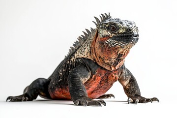 Obraz premium the beside view Marine Iguana, left side view, white copy space on right, Isolated on White Background