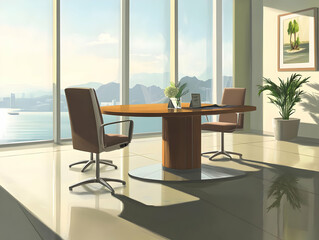 A modern conference room with a round table, chairs, and a view of mountains and water.