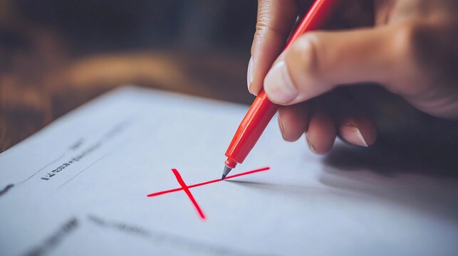 Close-up of a hand writing a red marker error on a document.
