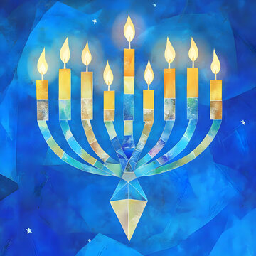 A stylized menorah with candles, set against a blue background, symbolizing Hanukkah.