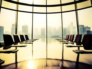 A modern conference room with a panoramic city view, designed for business meetings.