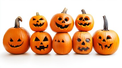 Set of solitary Halloween pumpkins on a white backdrop. Jack o' Lantern pumpkins with eerie expressions. Collection of Halloween pumpkins.
