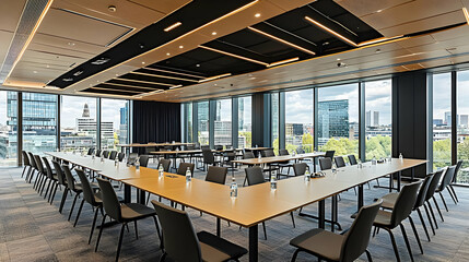 Modern conference room with large windows and a long table set for a meeting.