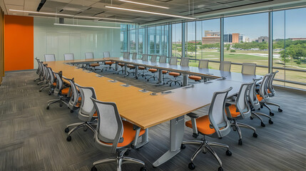 Modern conference room with a long table and ergonomic chairs, designed for meetings.