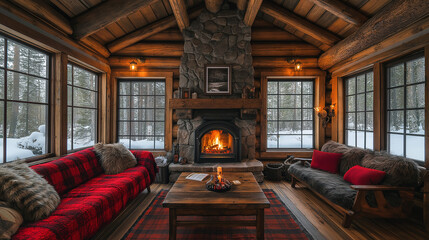 A winter wonderland retreat, showcasing a cozy living room with a fireplace and large windows of a log cabin.