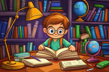 A young boy studying at a desk surrounded by books and a globe, focused on learning.