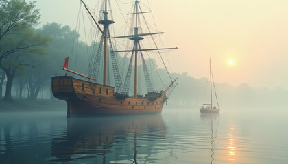 Historic Sailing Ship Anchored in Misty Harbor at Sunrise