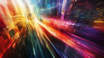 Abstract cityscape flowing light geometric shapes radiant energy vibrant hues. AI generated
