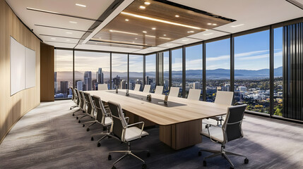 Modern conference room with panoramic city views, designed for meetings and collaboration.