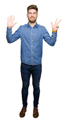 Fototapeta premium Young handsome blond man wearing casual denim shirt showing and pointing up with fingers number eight while smiling confident and happy.