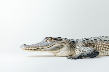 Fototapeta premium the beside view Saltwater Crocodile, left side view, white copy space on right, Isolated on White Background
