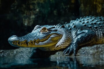 Fototapeta premium the beside view Saltwater Crocodile, left side view, white copy space on right, Isolated on dark Background