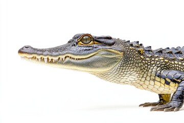 Obraz premium the beside view Saltwater Crocodile, left side view, white copy space on right, Isolated on White Background