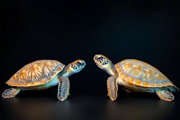 the beside view Sea Turtles, left side view, white copy space on right, Isolated on dark Background