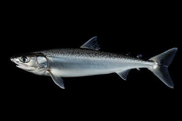 Obraz premium the beside view Shark fish, left side view, white copy space on right, Isolated on dark Background