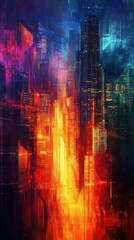 Fototapeta premium Abstract cityscape flowing light geometric shapes radiant energy vibrant hues. AI generated
