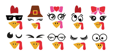 Set of cute turkey boy and girl faces designs for autumn holidays. Funny Thanksgiving elements for kids. Isolated vector illustration in flat style